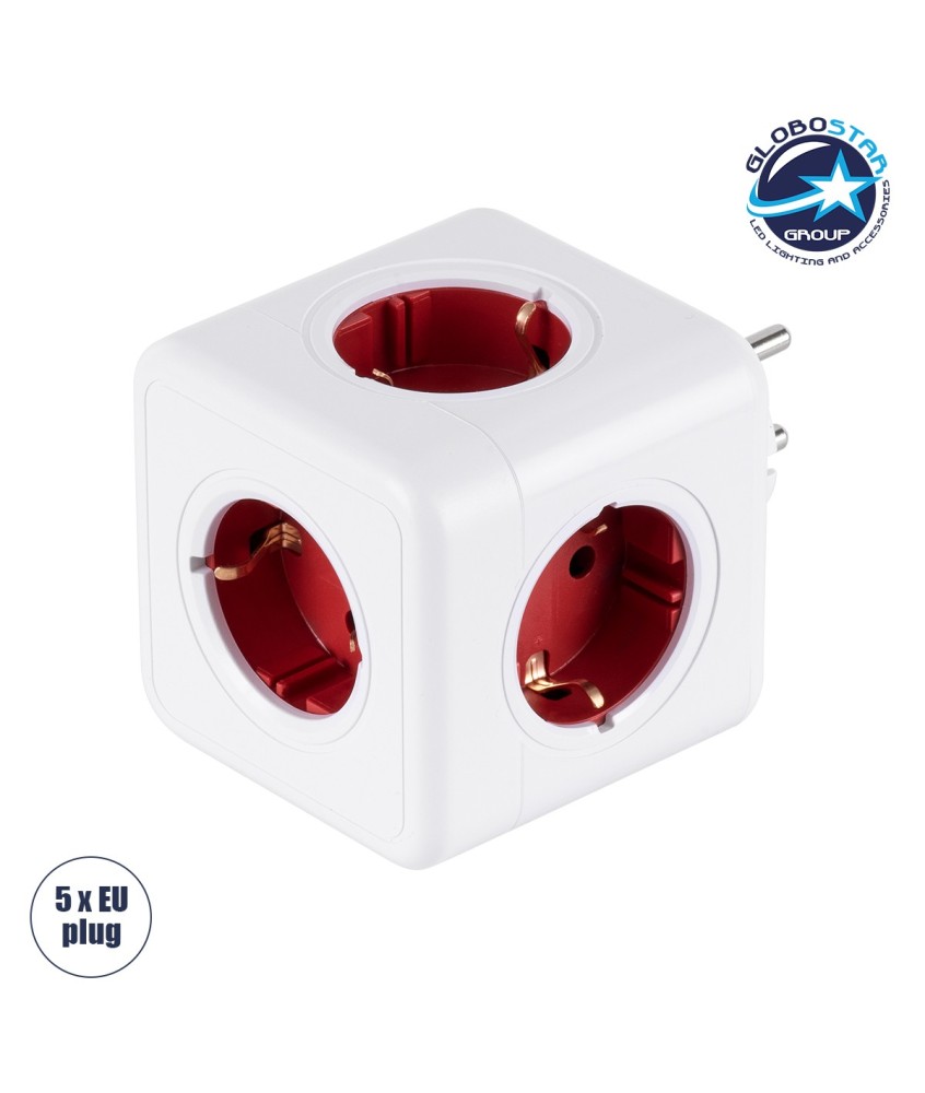GLOBOSTAR® POWERCUBE 79628 Πολύπριζο 5 Θέσεων με 5 x EU Schuko Πρίζες Ασφαλείας Childproof AC 220-240V 3680W-16A Max Load IP20 - Λευκό & Κόκκινο - Μ7.5 x Π11.5 x Υ7.5cm